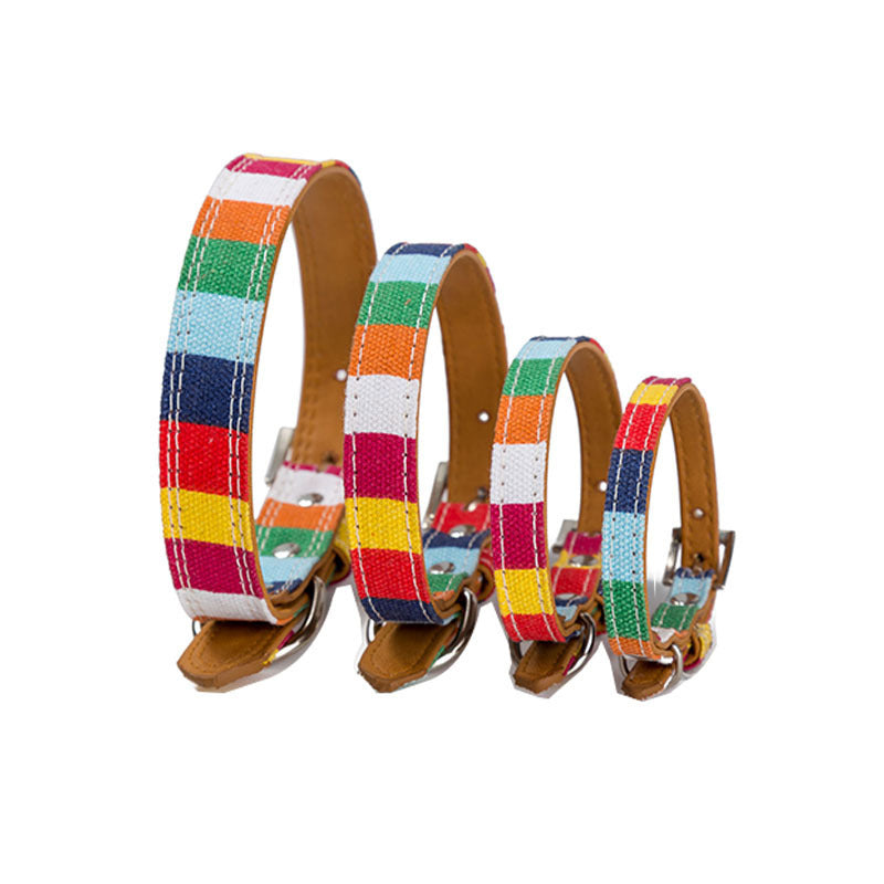 Designer leather dog collar. Sizes S, M, and L. Plain leather collar for large and small dogs. Multicolored leather collar with a rainbow design.