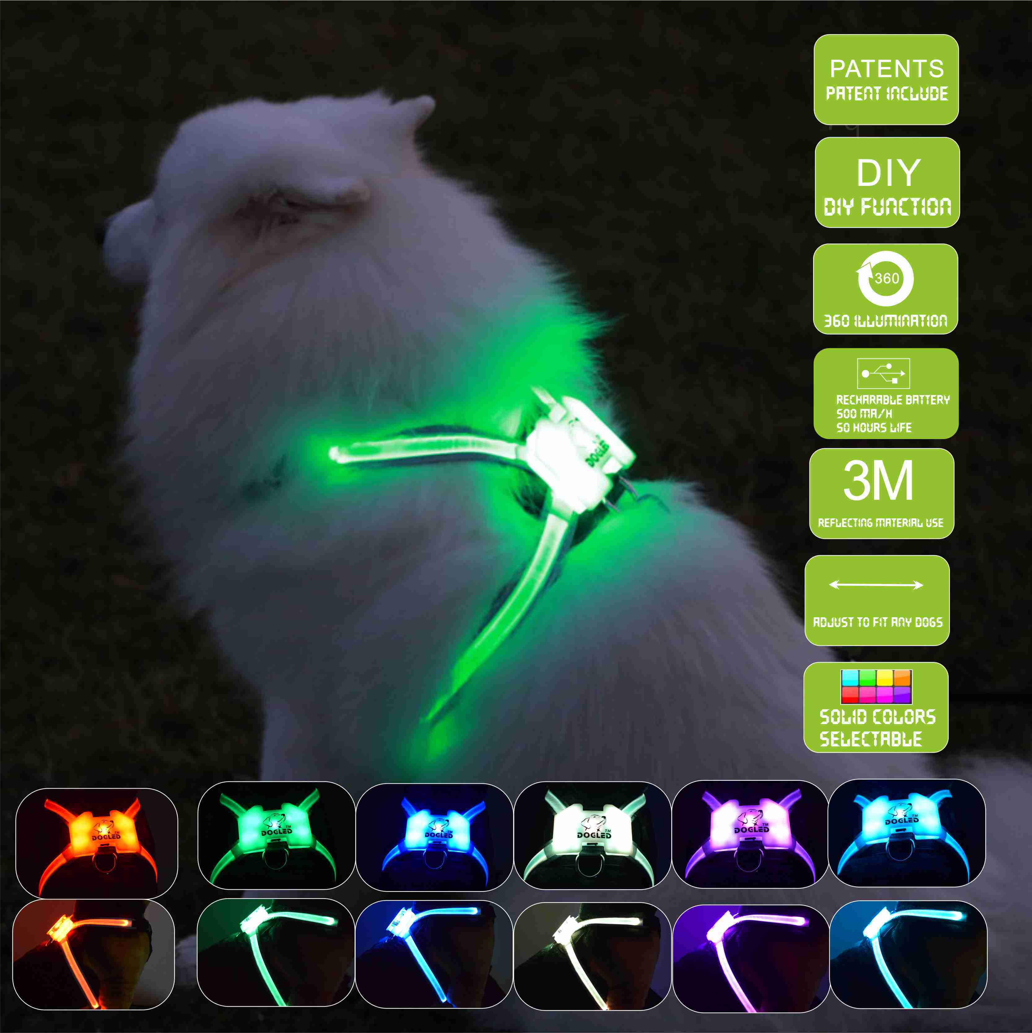 LED Light Up Dog Collar, USB Rechargeable, Silicone, for Dogs (Large, Medium and Small Sizes).
