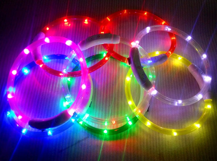 Wiederaufladbares LED-Hundehalsband mit USB-Anschluss, ideal für die Nacht, mit Teddy-Golden-Retriever-Design.