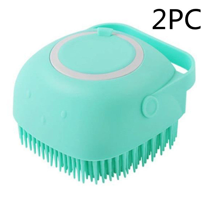 Silicone dog bath massage gloves, brush, pet cleaning tool, comb and brush. Includes shampoo dispenser and canine grooming accessories.
