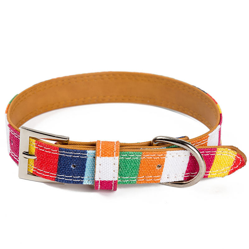 Designer leather dog collar. Sizes S, M, and L. Plain leather collar for large and small dogs. Multicolored leather collar with a rainbow design.