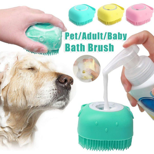 Silicone dog bath massage gloves, brush, pet cleaning tool, comb and brush. Includes shampoo dispenser and canine grooming accessories.