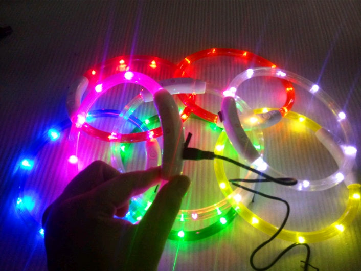 Wiederaufladbares LED-Hundehalsband mit USB-Anschluss, ideal für die Nacht, mit Teddy-Golden-Retriever-Design.