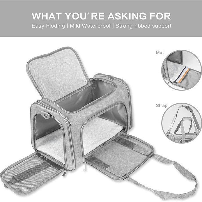 Transportín para mascotas, portátil, plegable, de mano, se engancha al mango de la maleta con una banda de tela integrada.