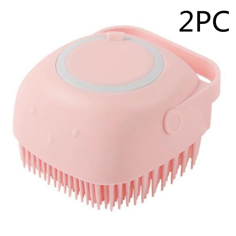 Silicone dog bath massage gloves, brush, pet cleaning tool, comb and brush. Includes shampoo dispenser and canine grooming accessories.