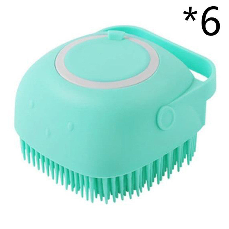 Silicone dog bath massage gloves, brush, pet cleaning tool, comb and brush. Includes shampoo dispenser and canine grooming accessories.