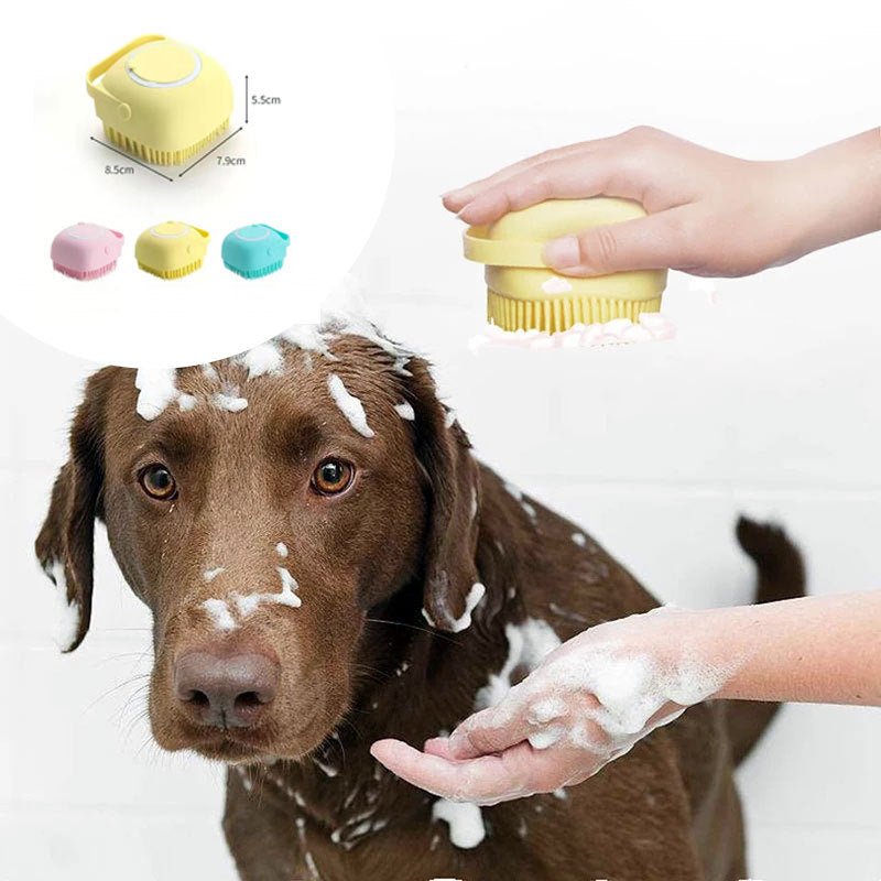 Silicone dog bath massage gloves, brush, pet cleaning tool, comb and brush. Includes shampoo dispenser and canine grooming accessories.
