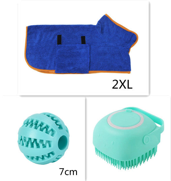 Silicone dog bath massage gloves, brush, pet cleaning tool, comb and brush. Includes shampoo dispenser and canine grooming accessories.