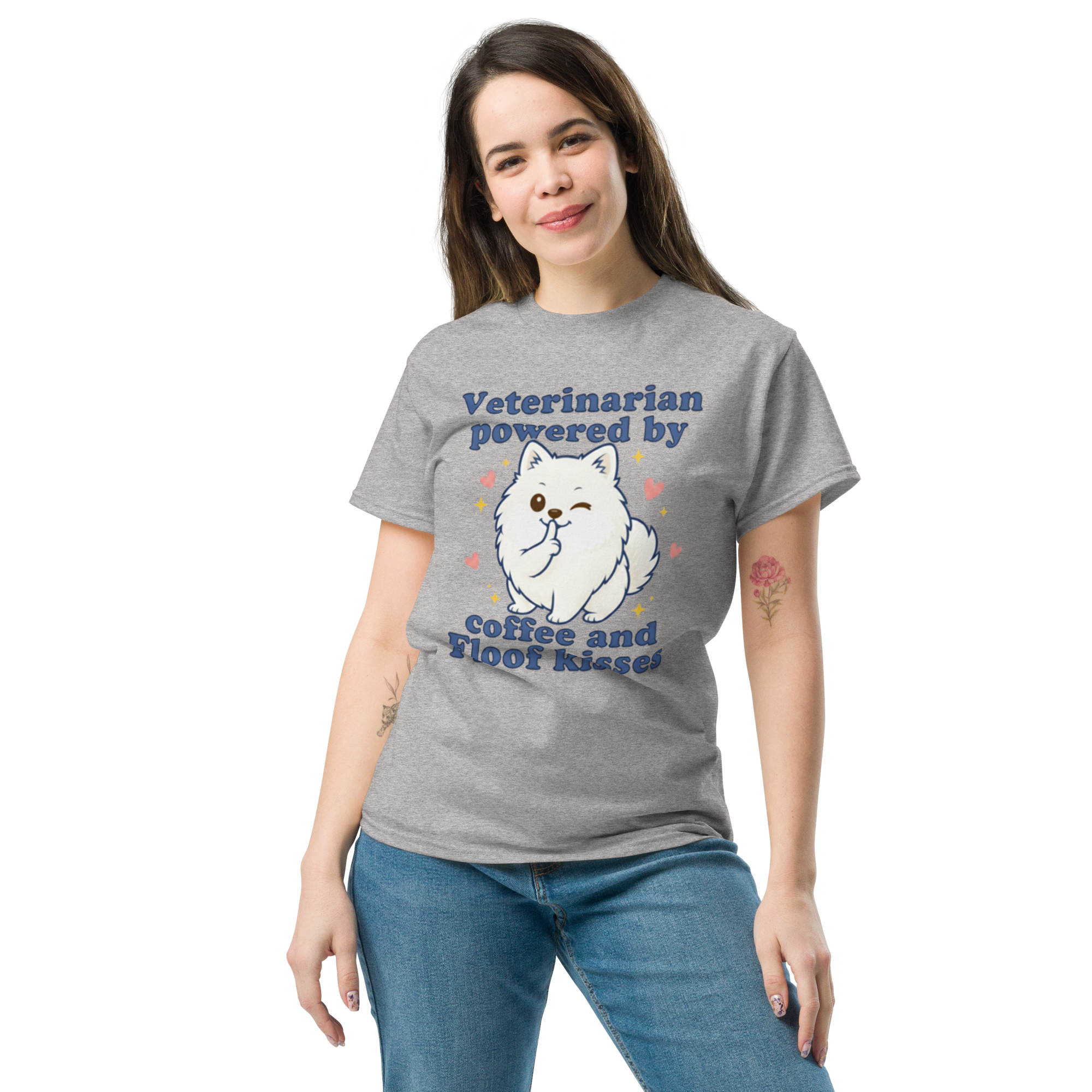 Camiseta clásica unisex •	"Veterinarian powered by coffee and Floof kisses"